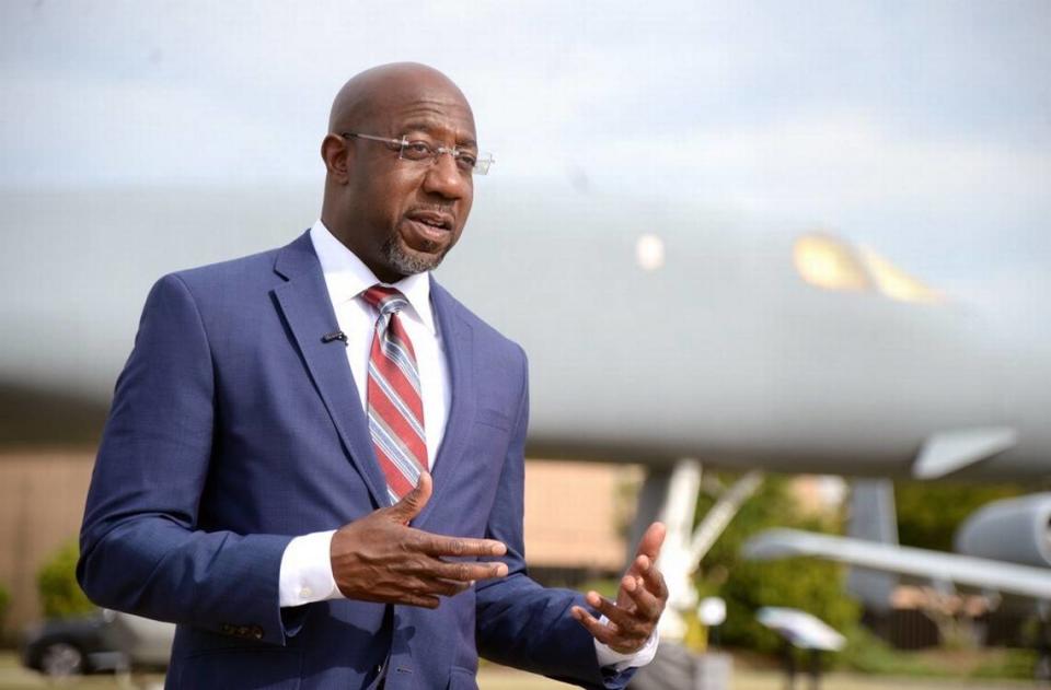 Senator Raphael Warnock, (D-GA), spoke with local media outside the Museum of Aviation after touring Robins Air Force Base June 2, 2021. He’s calling on President Joe Biden to bring back the expanded child tax credit.