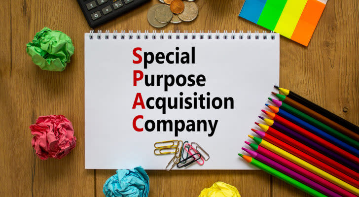 A picture of a notepad with Special Purpose Acquisition Company written on it, surrounded by office supplies.