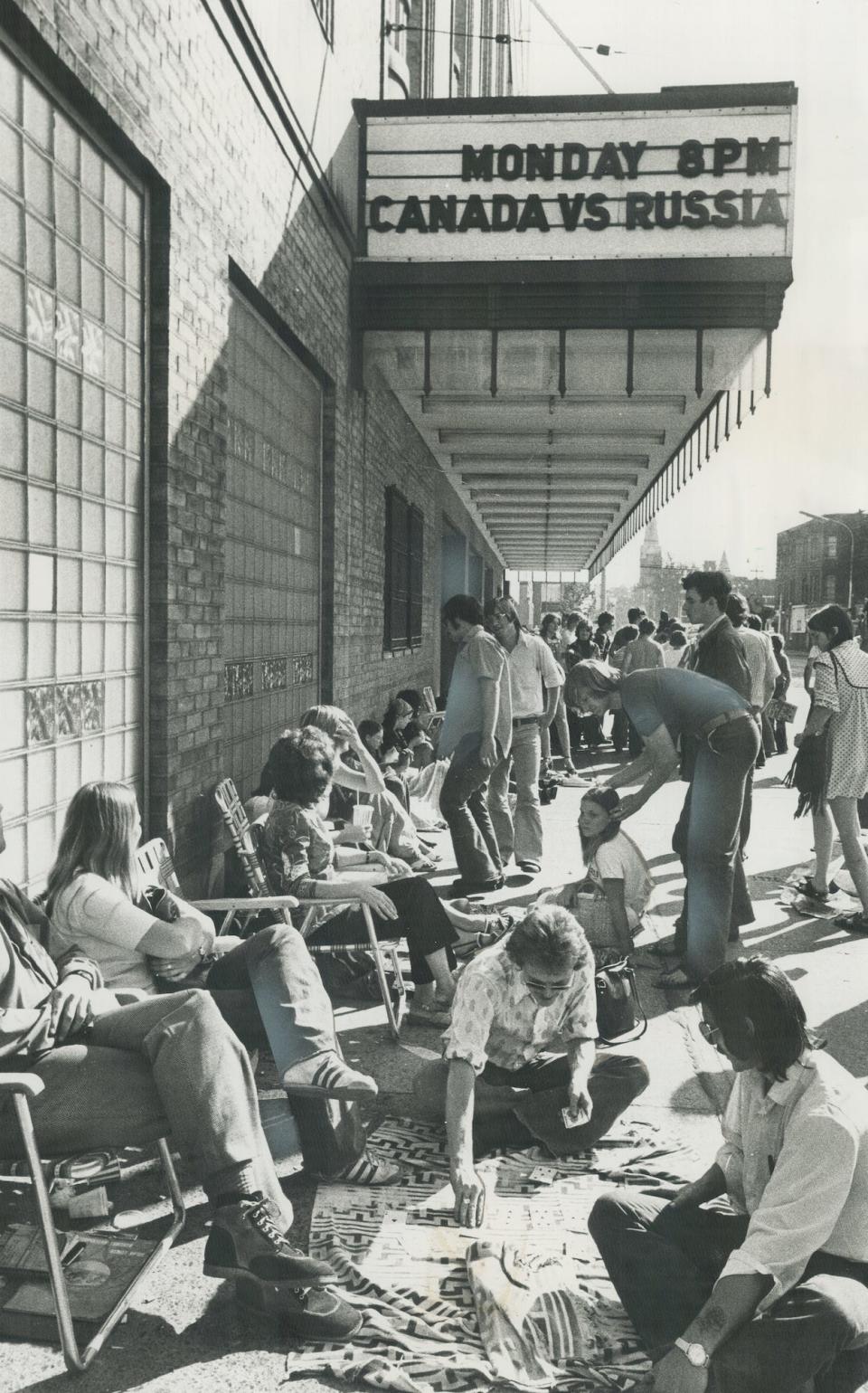 Hockey fans wait in line on August 31, 1972 to buy tickets for a Team Canada game.