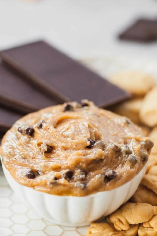 <p>This Vegan Cookie Dough Dip for Two is a naturally sweetened, healthier version of cookie dough dip! </p><p><strong>Get the recipe: <a href="https://theliveinkitchen.com/vegan-cookie-dough-dip-for-two/" rel="nofollow noopener" target="_blank" data-ylk="slk:Vegan Cookie Dough Dip for Two;elm:context_link;itc:0;sec:content-canvas" class="link rapid-noclick-resp">Vegan Cookie Dough Dip for Two</a></strong></p><p><strong>Related: <a href="https://parade.com/1033852/parade/vegan-recipes/" rel="nofollow noopener" target="_blank" data-ylk="slk:100+ Best Vegan Recipes;elm:context_link;itc:0;sec:content-canvas" class="link rapid-noclick-resp">100+ Best Vegan Recipes</a></strong></p>