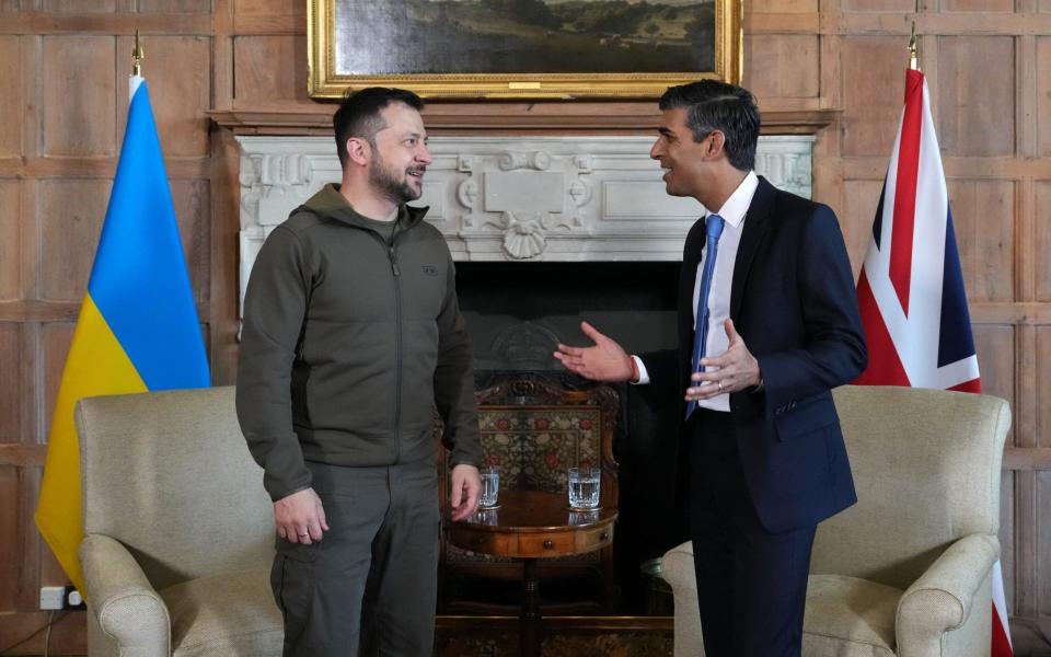 Britain's Prime Minister, Rishi Sunak chats with Ukraine's President, Volodymyr Zelenskyy, ahead of a bilateral meeting at Chequers - Carl Court/Getty Images Europe