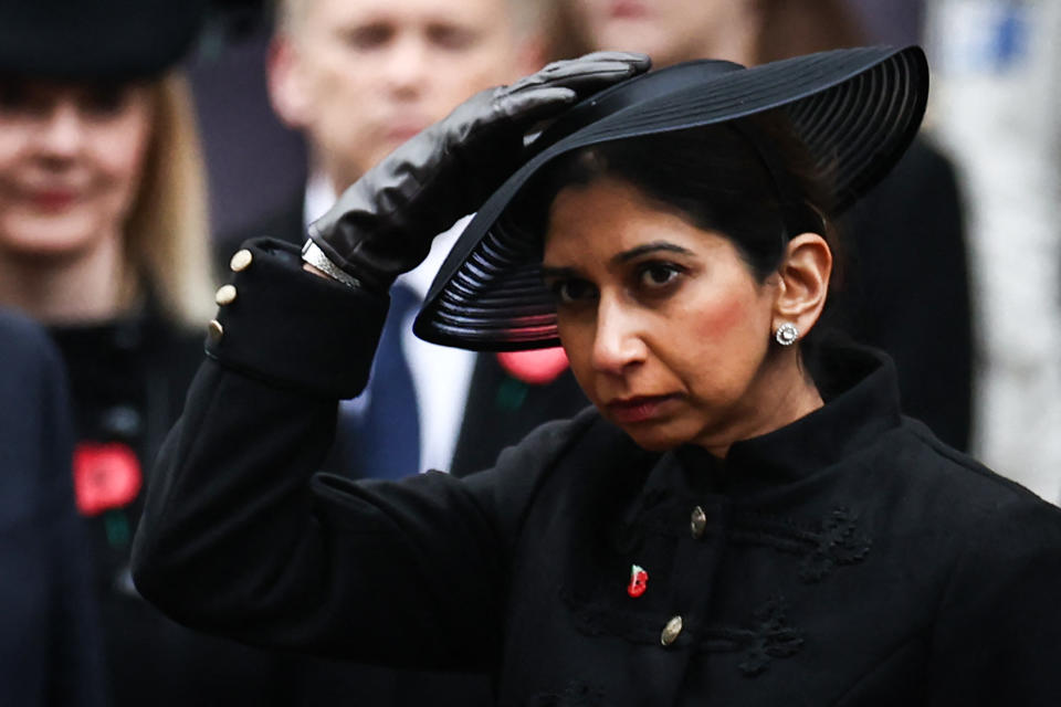 Britain's Home Secretary Suella Braverman attends the Remembrance Sunday ceremony at the Cenotaph on Whitehall in central London, on November 12, 2023.