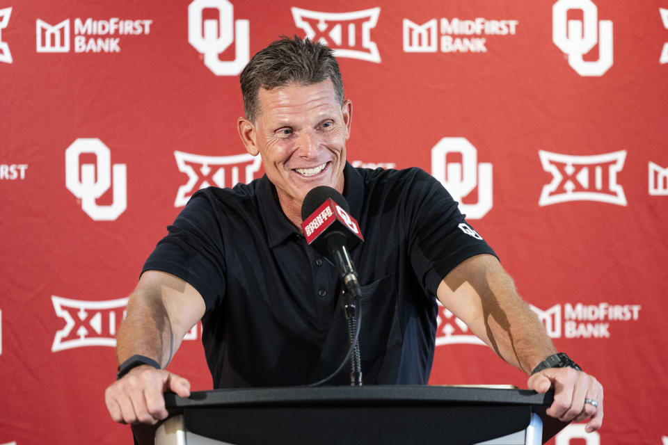 Oklahoma head coach Brent Venables answers a question during an NCAA college football new conference, Tuesday, Aug. 1, 2023, in Norman, Okla. (AP Photo/Alonzo Adams)