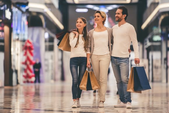 Family of three shopping in a mall and carrying shopping bags.