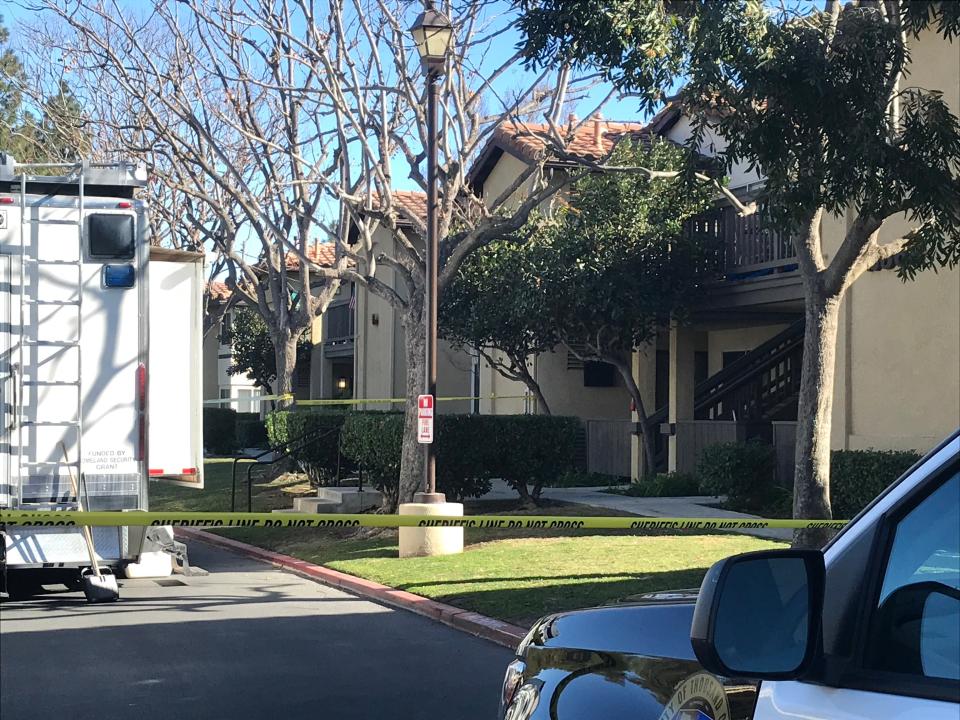 A residence in the 2300 block of Fountain Crest Lane in Thousand Oaks was taped off on Jan. 11, 2021 as authorities investigated a homicide.