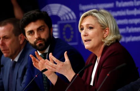 French far-right National Rally party leader Le Pen and Italian MEP Zanni address a news conference at the EU Parliament in Brussels