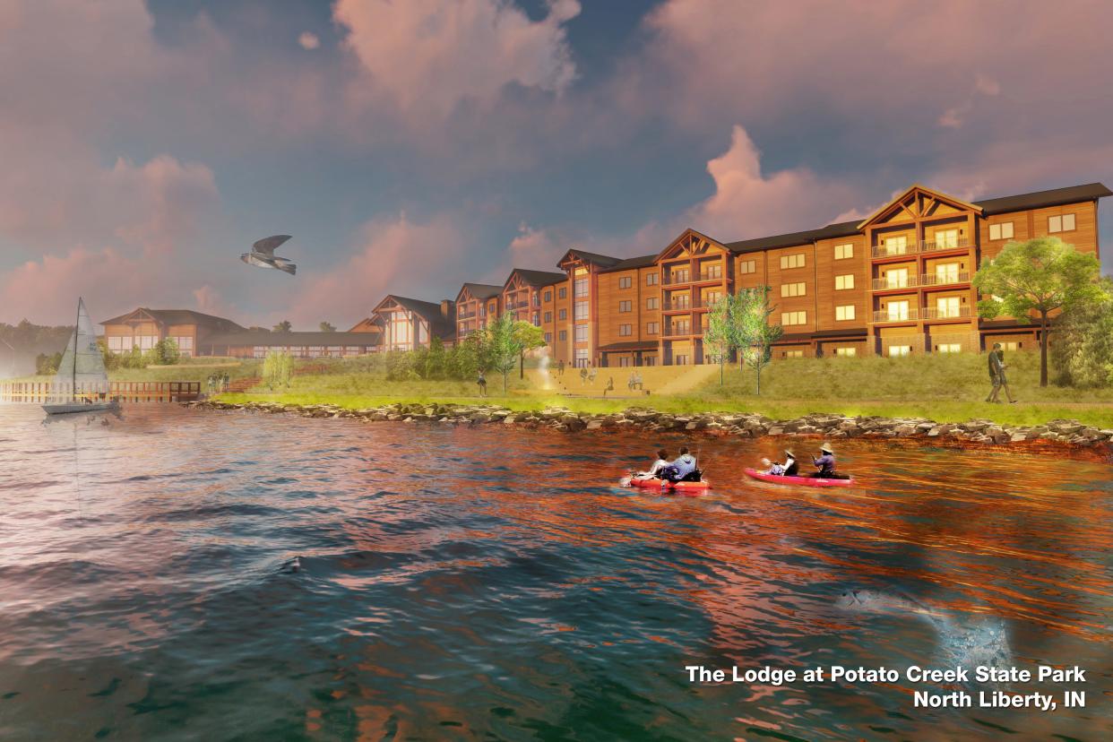 The future inn would be highly visible from Worster Lake at Potato Creek State Park in North Liberty, as seen in this illustration.