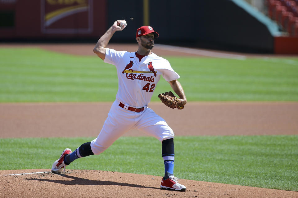 St. Louis Cardinals starting pitcher Adam Wainwright delivers during the first inning of a baseball game Cleveland Indians, Sunday, Aug. 30, 2020, in St. Louis. (AP Photo/Scott Kane)