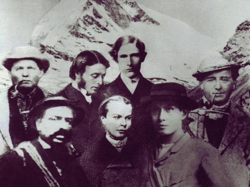 Die Seilschaft der Erstbesteiger (l-r): Taugwalder Vater, Michel Auguste Croz, Charles Hudson, Lord Francis Douglas, Douglas Hadow, Edward Whymper und Taugwalder Sohn. Foto: Zermatt Tourismus