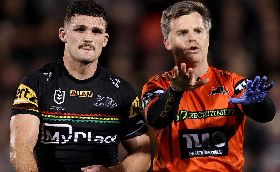 Nathan Cleary and a Panthers coach.