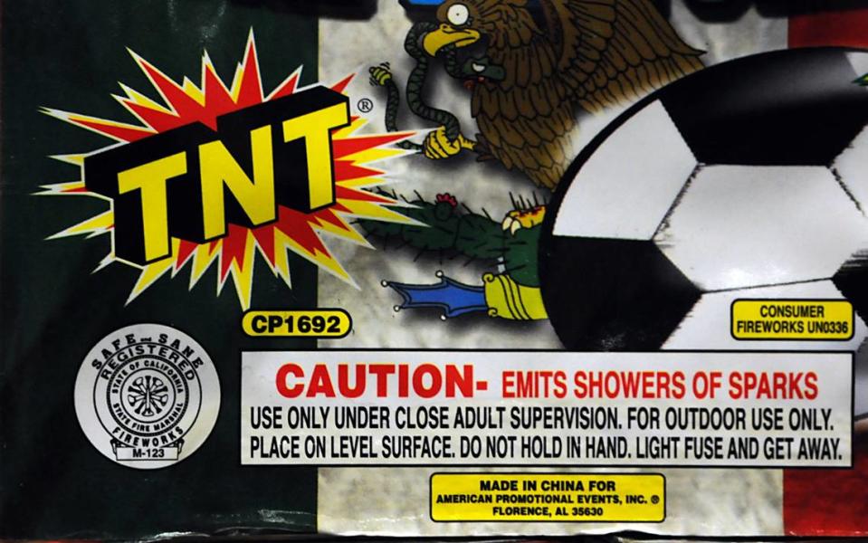 The “safe and sane” label is pictured on a box of legal fireworks in the lower left corner. This is the label to watch for when buying legal fireworks in California.