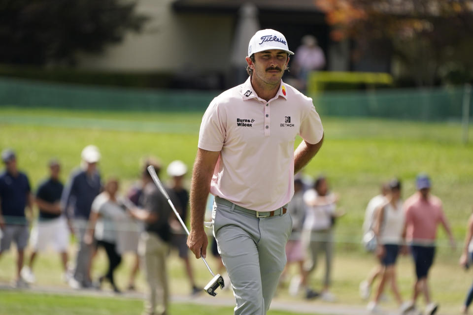 Max Homa reads the first green of the Silverado Resort North Course during the final round of the Fortinet Championship PGA golf tournament Sunday, Sept. 19, 2021, in Napa, Calif. (AP Photo/Eric Risberg)