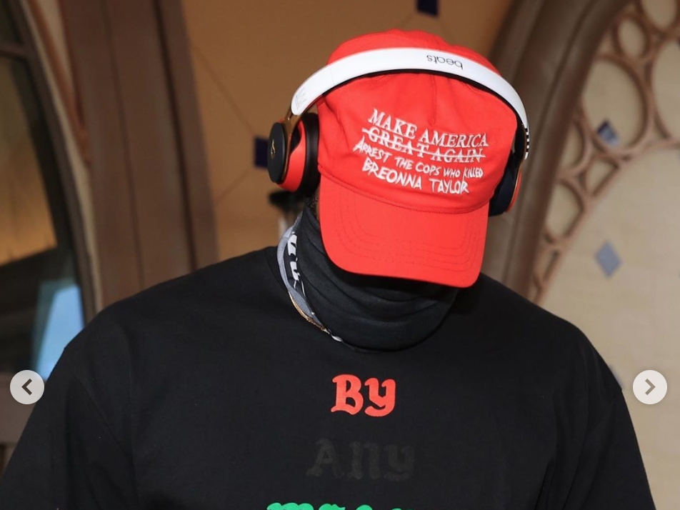 LeBron James arrived at the LA Lakers' game against Portland wearing a parody MAGA cap: Instagram/KingJames