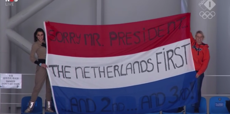 Dutch speedskating fans had a message for Donald Trump. (Screenshot via Reddit)