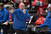 Orlando Magic head coach Steve Clifford shouts instructions to his players during the first half of an NBA basketball game against the Dallas Mavericks, Saturday, Jan. 9, 2021, in Dallas. (AP Photo/Jeffrey McWhorter)