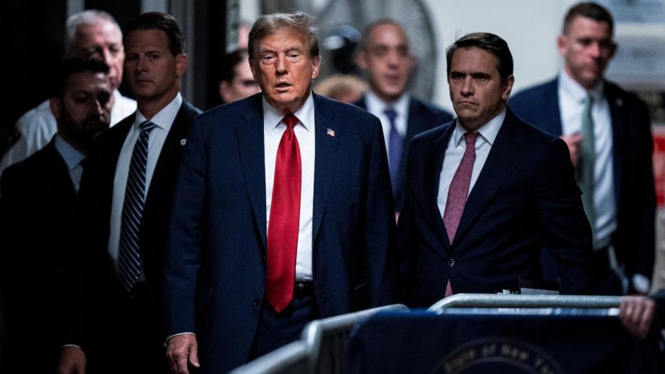 PHOTO: Former President Donald Trump arrives at Manhattan criminal court with his legal team ahead of the start of jury selection in New York City, April 15, 2024.  (Jabin Botsford/via Reuters)
