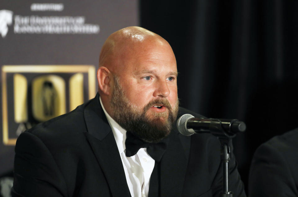 New York Giants head coach Brian Daboll, recipient of the NFC Coach of the Year award, talks to the media during an NFL football news conference prior to the annual 101 Awards gala Saturday, Feb. 25, 2023, in Kansas City, Mo. (AP Photo/Colin E. Braley)