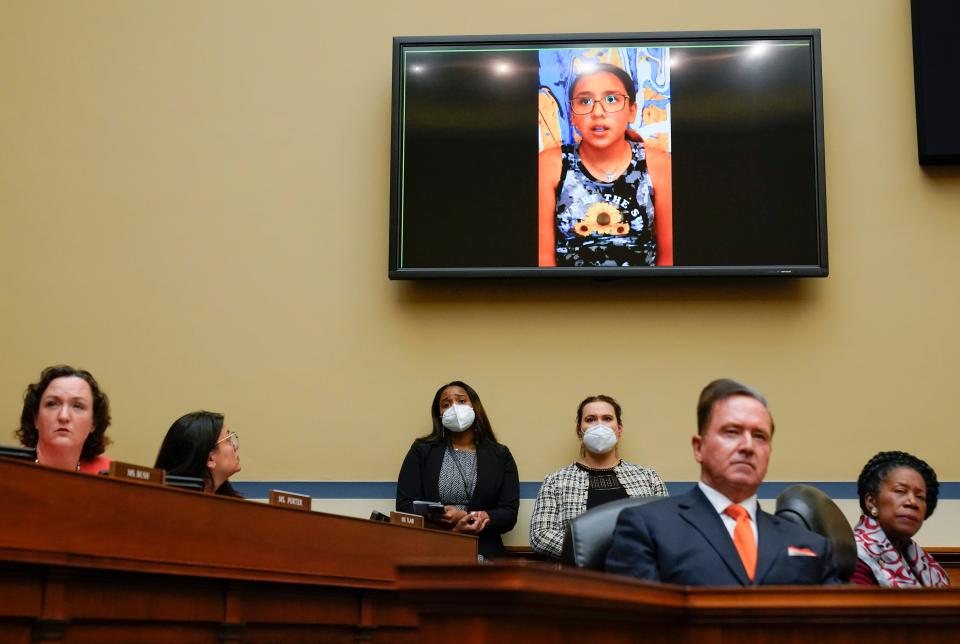 Miah Cerrillo, a fourth grade student at Robb Elementary School in Uvalde, Texas, and a survivor of the mass shooting appears on a screen during a House Committee on Oversight and Reform hearing on gun violence on Capitol Hill in Washington on Wednesday.