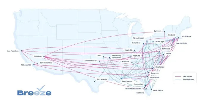 Breeze Airways route map as of March 8.