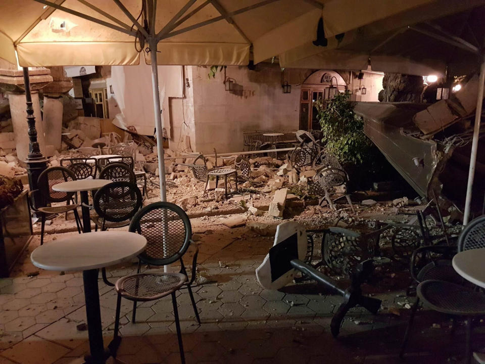 <p>Damaged buildings are seen after an earthquake on the Greek island of Kos early Friday, July 21, 2017. (Photo: Kalymnos-news.gr via AP) </p>