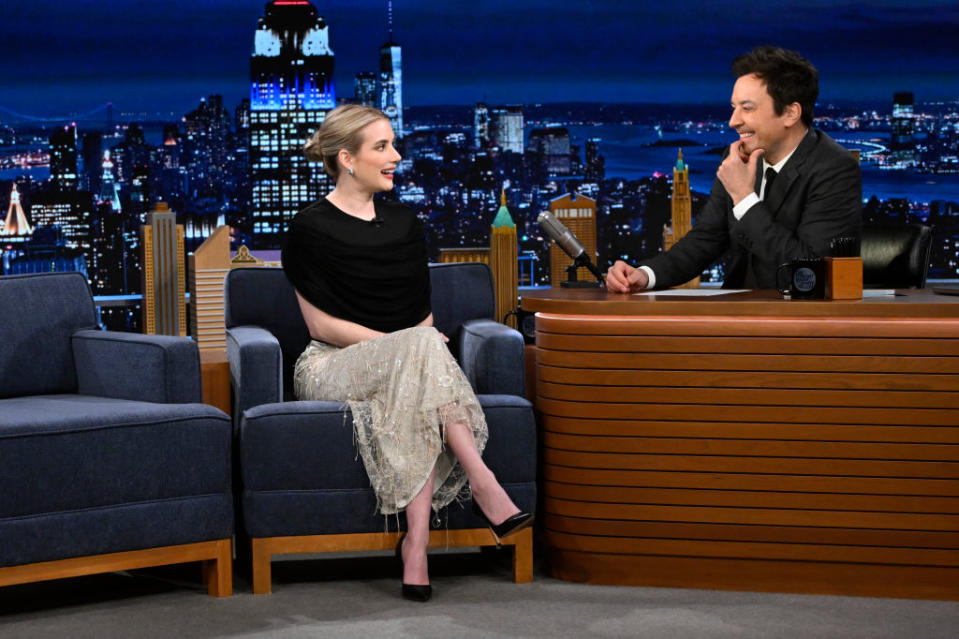 Emma Roberts appears on "The Tonight Show Starring Jimmy Fallon" on April 3, Christopher Esber, celebrity style, black and white, trends