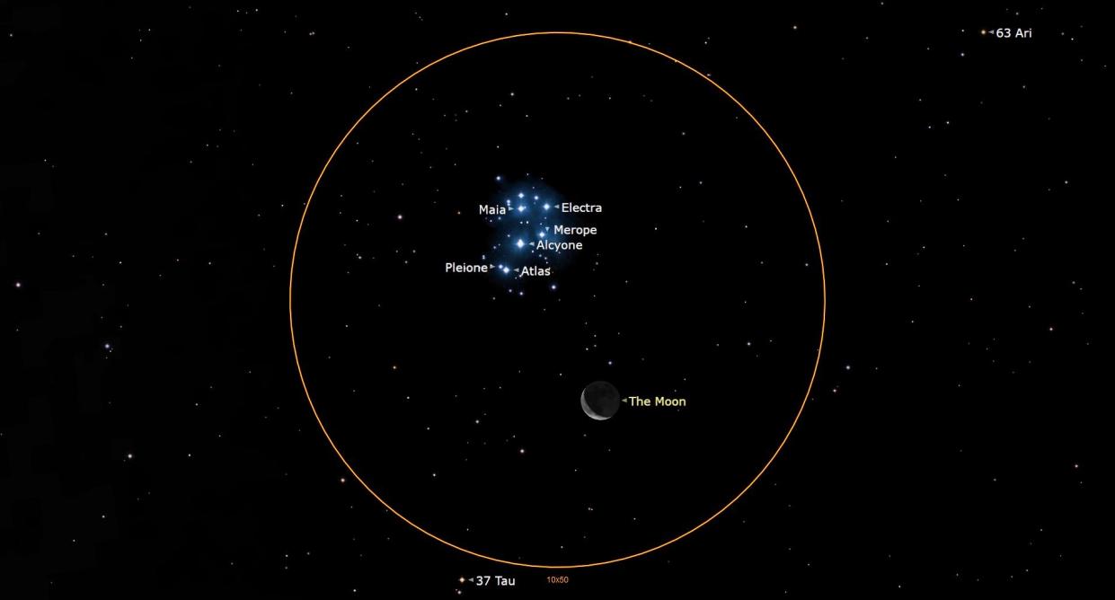  July 13, 2023 at 4 am EDT - a crescent Moon Poses with the Pleiades 