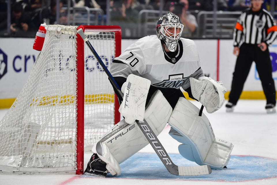 Mar 25, 2023; Los Angeles, California, USA; Los Angeles Kings goaltender Joonas Korpisalo (70) defends the goal against the Winnipeg Jets during the first period at Crypto.com Arena. Mandatory Credit: Gary A. Vasquez-USA TODAY Sports