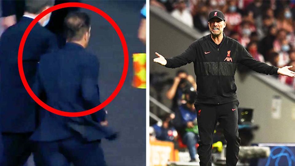 Jurgen Klopp (pictured right) reacting to Liverpool and (pictured left)  Diego Simeone running down the tunnel after the match.