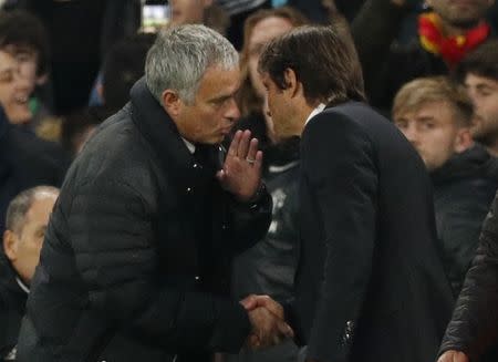 Britain Soccer Football - Chelsea v Manchester United - Premier League - Stamford Bridge - 23/10/16 Manchester United manager Jose Mourinho and Chelsea manager Antonio Conte at the end of the match Action Images via Reuters / John Sibley Livepic