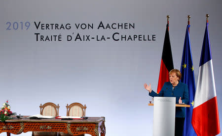 German Chancellor Angela Merkel speaks during a signing of a new agreement on bilateral cooperation and integration, known as Treaty of Aachen, in Aachen, Germany, January 22, 2019. REUTERS/Wolfgang Rattay