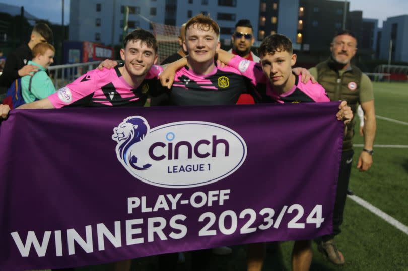 The Spartans 2-2 Dumbarton (SPFL League One Playoffs 2024, Dumbarton win 4-3 on agg): James Graham(left), Finlay Gray and Cian Newbury celebrate