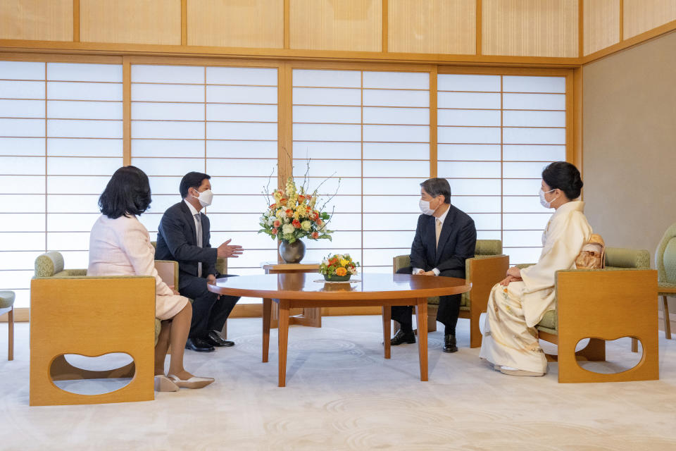 Philippine President Ferdinand Marcos Jr., second left, and his wife Louise Araneta-Marcos meet Japan's Emperor Naruhito and Empress Masako at the Imperial Palace in Tokyo, Thursday, Feb. 9, 2023. (Imperial Household Agency of Japan via AP)