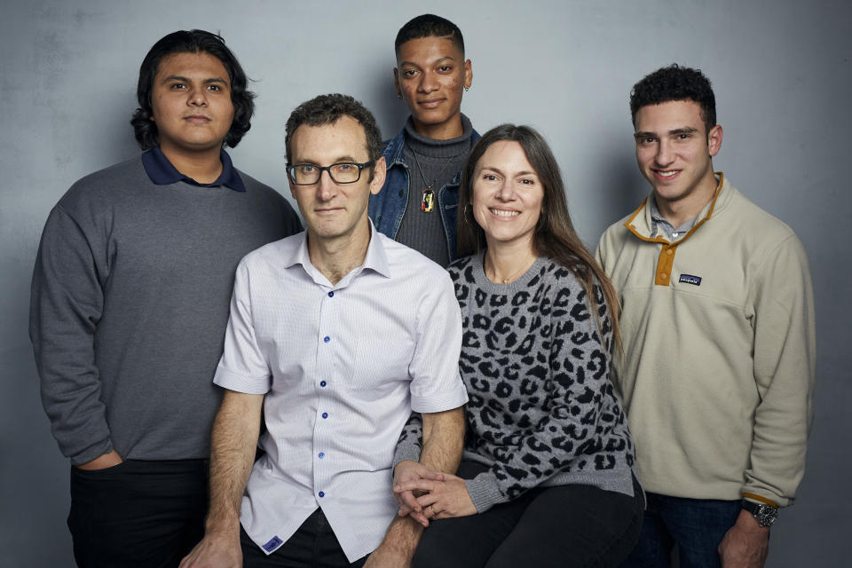 Steven Garza, from left, director Jesse Moss, Rene Otero, director Amanda McBaine and Ben Feinstein pose for a portrait to promote the film "Boys State" at the Music Lodge during the Sundance Film Festival on Friday, Jan. 24, 2020, in Park City, Utah. (Photo by Taylor Jewell/Invision/AP)