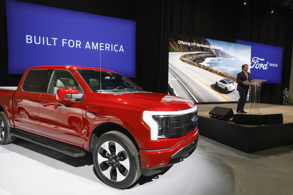 ROMULUS, MI - FEBRUARY 13: Ford CEO Jim Farley announces at a press conference that Ford Motor Company will be partnering with the worlds largest battery company, a China-based company called Contemporary Amperex Technology,  to create an electric-vehicle battery plant in Marshall, Michigan, on February 13, 2023 in Romulus, Michigan. Part of a multi-billion dollar investment, the battery plant will provide approximately 2,500 jobs. (Photo by Bill Pugliano/Getty Images)