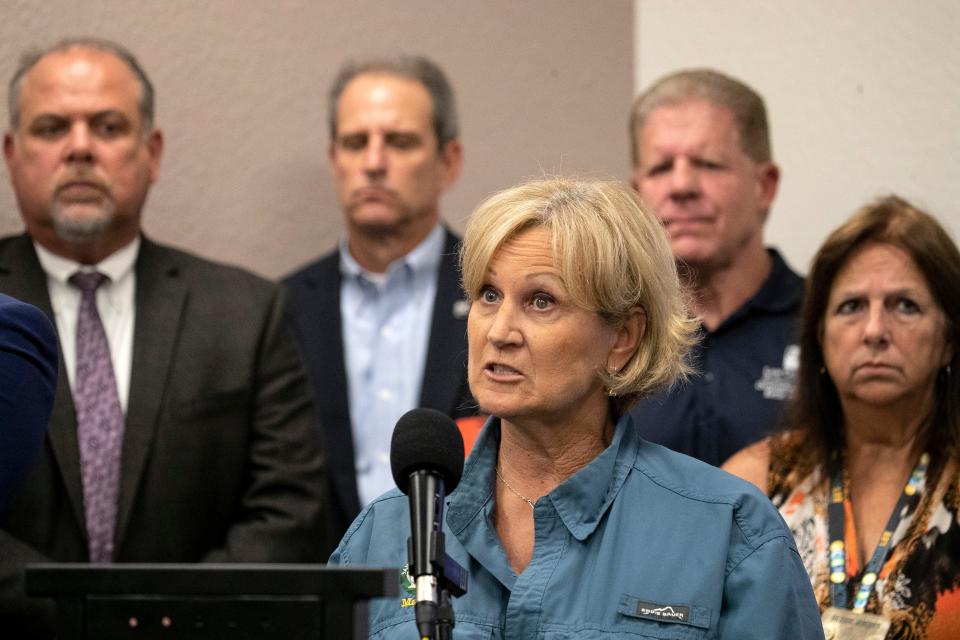 Sanibel Mayor Holly Smith speaks at a press conference about Hurricane Ian on Monday, Sept 26, 2022, at the Lee County Emergency Operations Center in Fort Myers. 