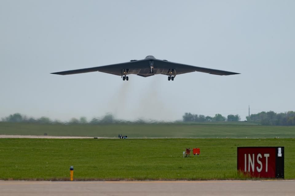 A B-2 Spirit stealth bomber assigned to the 509th Bomb Wing takes off from Whiteman Air Force Base, Missouri, April 15, 2024.