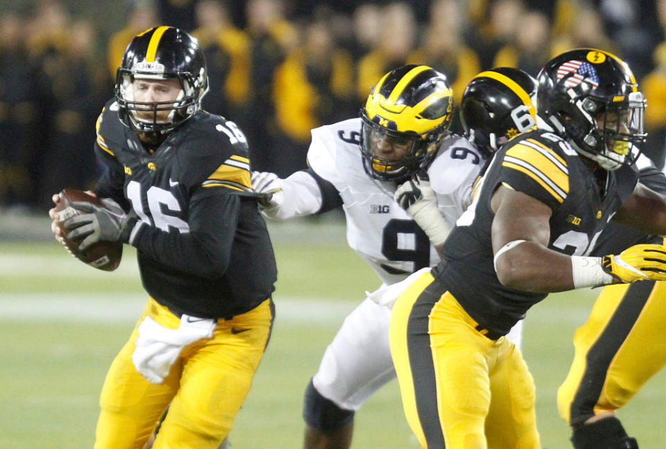 Iowa quarterback C.J. Beathard had his helmet stolen following last week's upset against Michigan. (Getty)