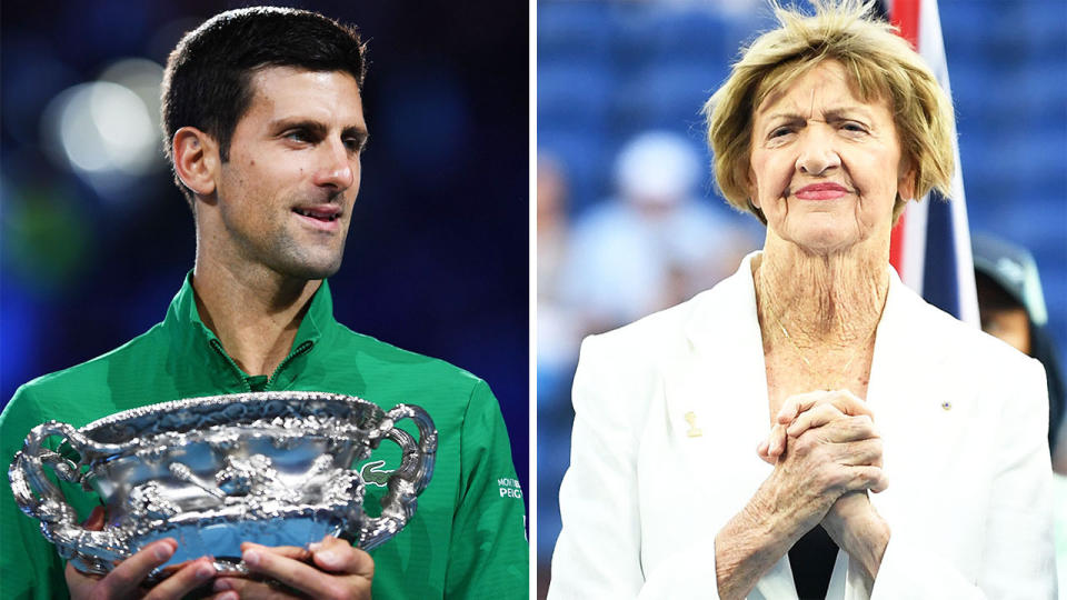 Novak Djokovic (pictured left) smiling after winning the Australian Open and Margaret Court (pictured right).