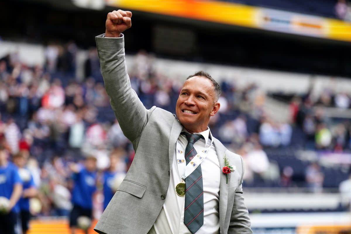 Leigh Centurions head coach Adrian Lam celebrates following the AB Sundecks 1895 Cup final at the Tottenham Hotspur Stadium, London. Picture date: Saturday May 28, 2022. (PA Wire)
