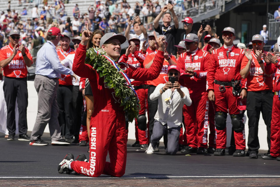 Marcus Ericsson, of Sweden, celebrates after winning the Indianapolis 500 auto race at Indianapolis Motor Speedway, Sunday, May 29, 2022, in Indianapolis. (AP Photo/Darron Cummings)
