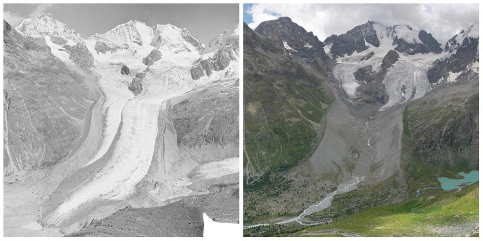 The Roseg and Tschierva glaciers in the Swiss Alps, as seen in 1935 (left) and 2022 (right) (swisstopo/VAW, ETH Zurich)