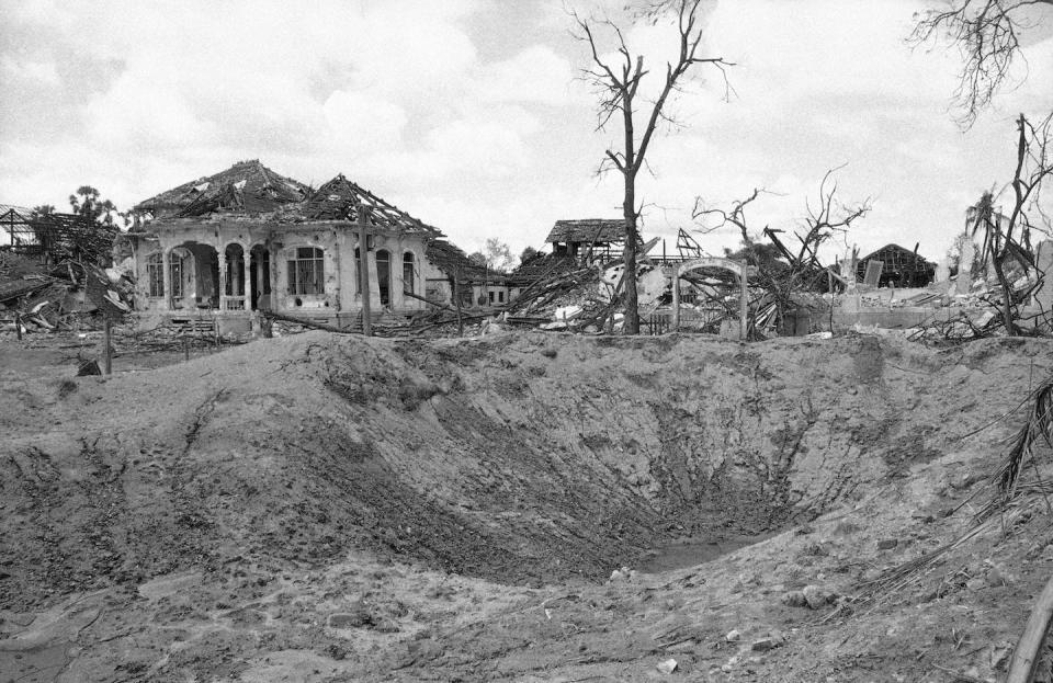 Bomb craters and ruins are almost all that remains of the Cambodian town of Kampong Tram on Aug. 1, 1973, destroyed by U.S. bombing. <a href="https://newsroom.ap.org/detail/CambodiaDestruction/d23e29b81e414e9399431e38ca9fa33c/photo" rel="nofollow noopener" target="_blank" data-ylk="slk:AP Photo;elm:context_link;itc:0;sec:content-canvas" class="link ">AP Photo</a>