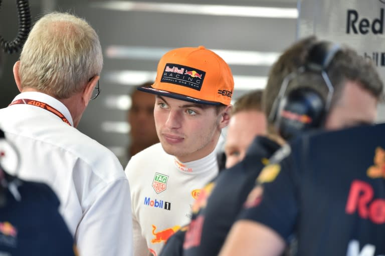 Red Bull's Dutch driver Max Verstappen (C) chats with teammates during a practice session of the Formula One Japanese Grand Prix, at Suzuka, on October 7, 2017