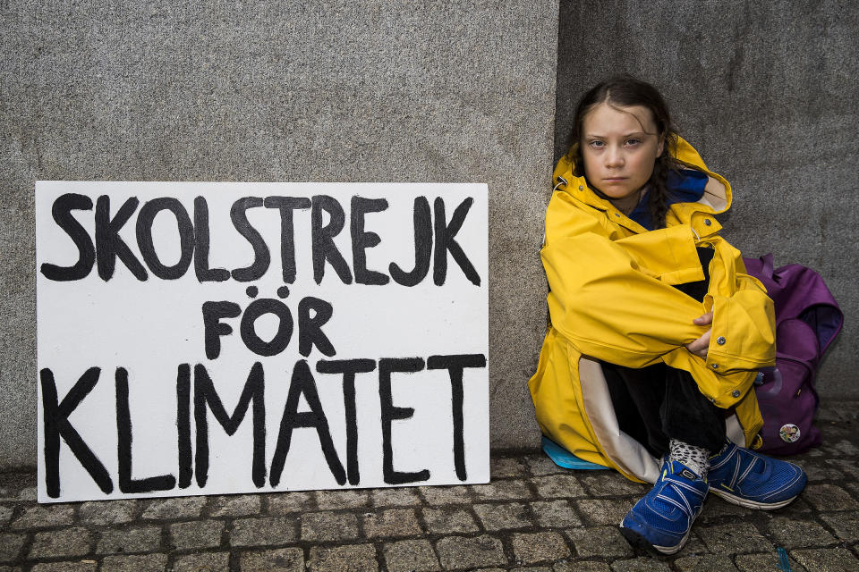 Thunberg first began skipping school in August 2018, sitting in front of Swedish Parliament to demand climate action | Michael Campanella—Getty Images