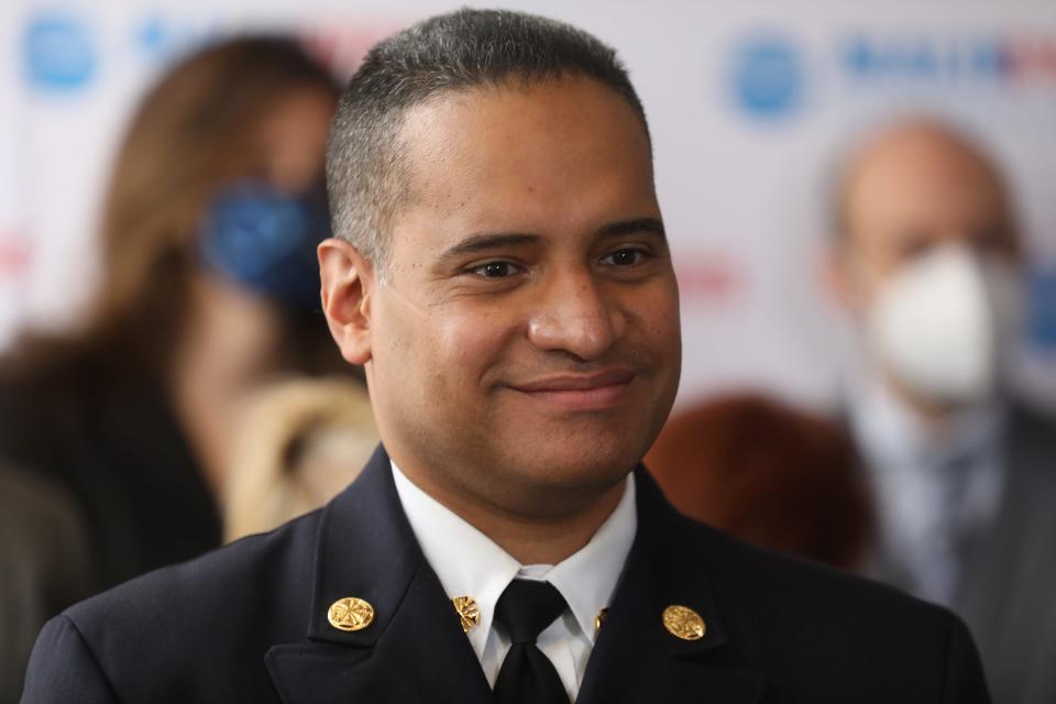 Mayor elect Malik Evans announces part of his cabinet appointments during a press conference downtown on December 3, 2021. Felipe Hernandez Jr. was named Fire Chief, he is the first Latino fire chief for the city.