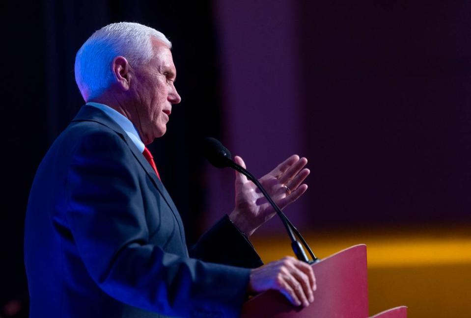 Former Vice President Mike Pence speaks at the Carolina Union on Wednesday, April 26, 2023, in Chapel Hill, N.C.