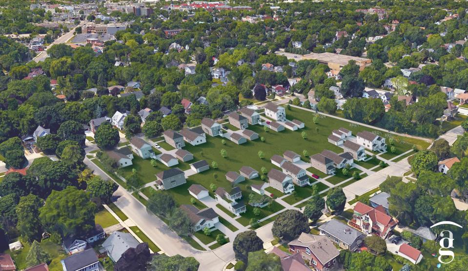 This birds-eye rendering of the proposed Habitat for Humanity of Waukesha County development on the former Aeroshade factory land at 433 N. Oakland Avenue shows the layout of homes envisioned. The development would include 18 homes for income-strapped residents looking for a way to build their own homes.