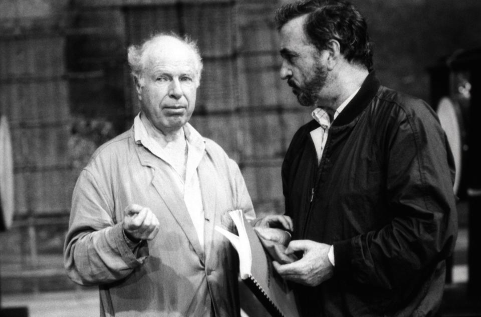 Peter Brook (left) with Jean-Claude Carrière at Theatre des Bouffes du Nord in Paris - julio donoso/Sygma via Getty Images)