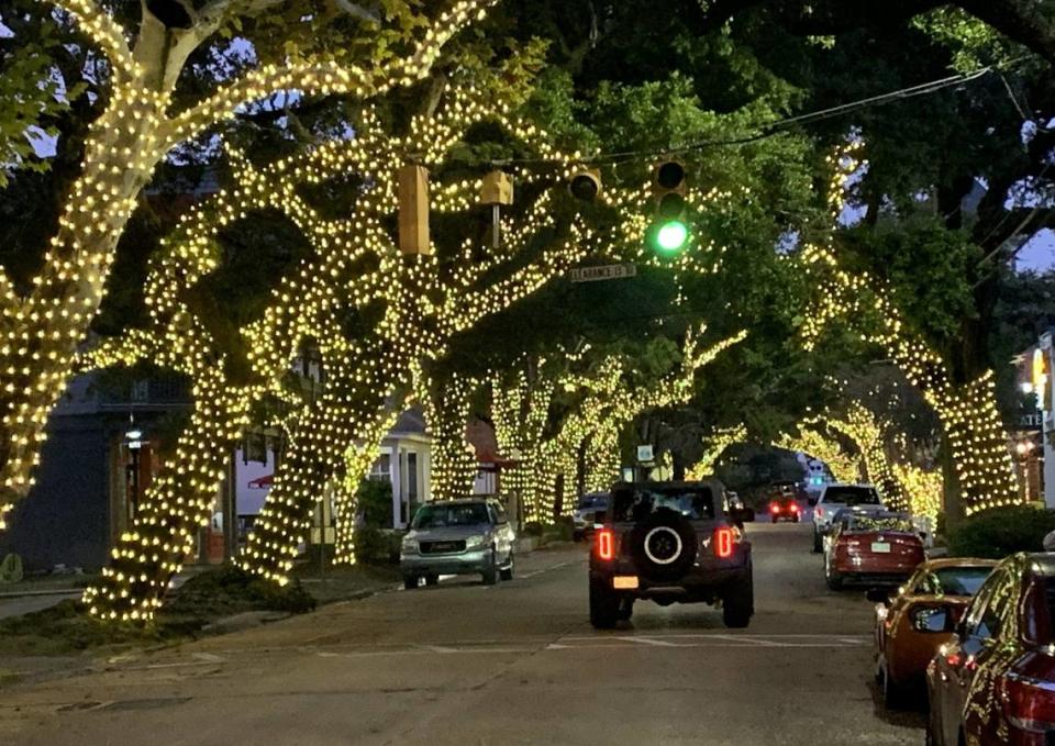 A tunnel of lights in the oak trees along Washington Avenue brightens downtown Ocean Springs, where it will snow this weekend for family fun.