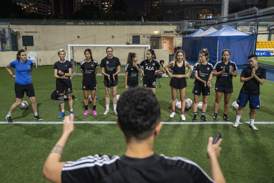 Women's seven-a-side team conducts training in Happy Valley ahead of the Gay Games in Hong Kong, Tuesday, Oct. 31, 2023. Set to launch on Friday, Nov. 3, 2023, the first Gay Games in Asia are fostering hopes for wider LGBTQ+ inclusion in the Asian financial hub. (AP Photo/Chan Long Hei)